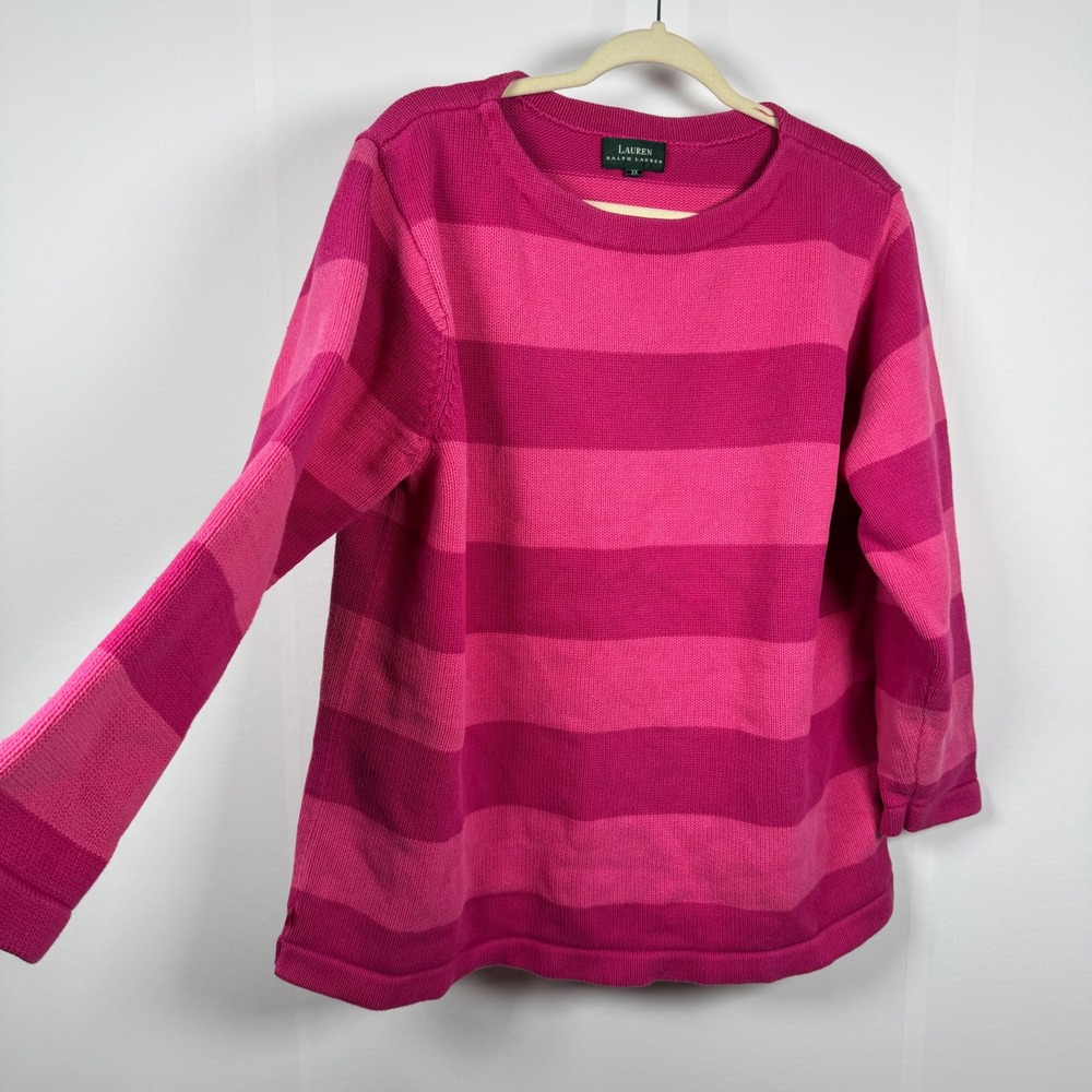 VTG Y2K Lauren Ralph Lauren 2X Pink Stripe Knit Sweater Chunky Fisherman Granola